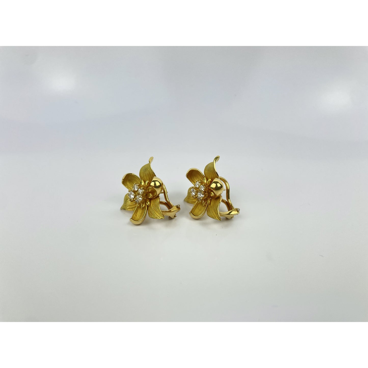 Pair of Tiffany & Co. Classic Collection 18k Gold Diamond Dogwood Flower Earrings