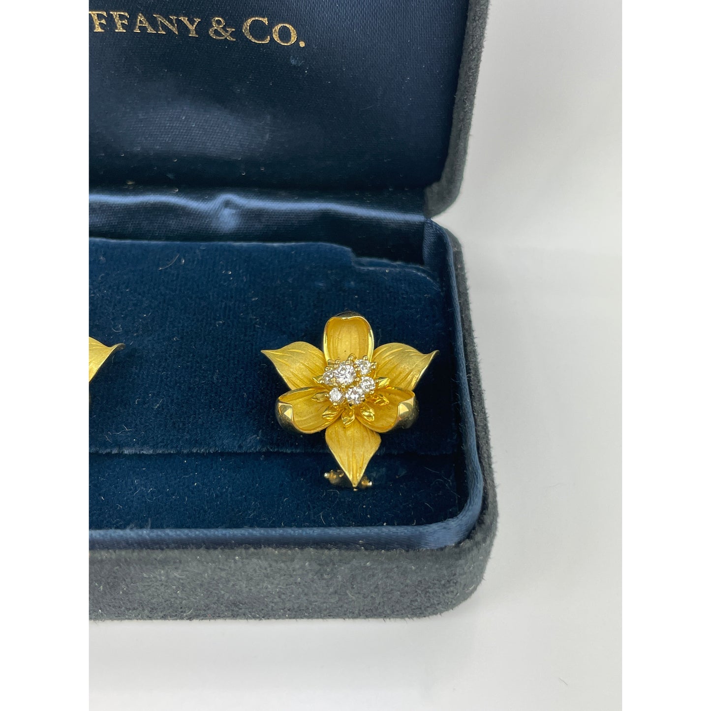 Pair of Tiffany & Co. Classic Collection 18k Gold Diamond Dogwood Flower Earrings