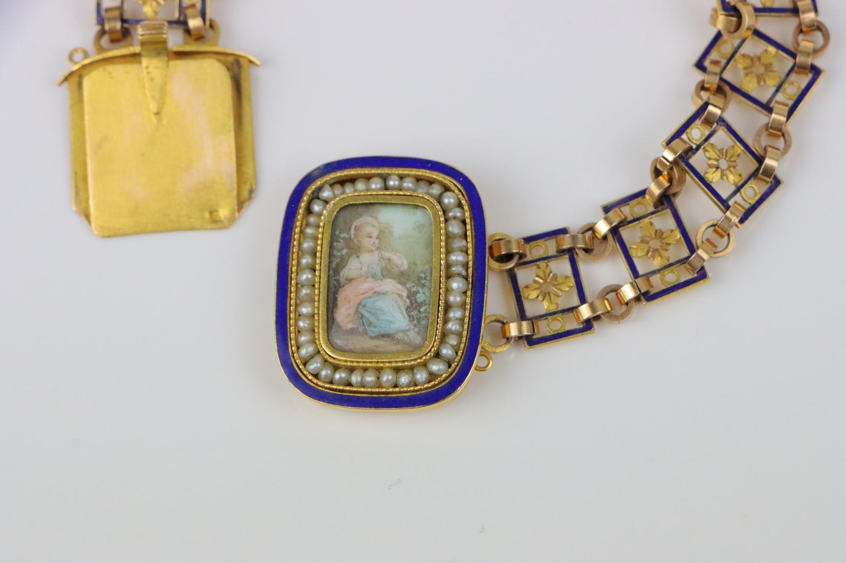 Antique 18K Gold Hand Painted Portrait Enamel Pearl Bracelet