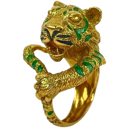 Vintage 18k Gold Enameled Tiger Ring