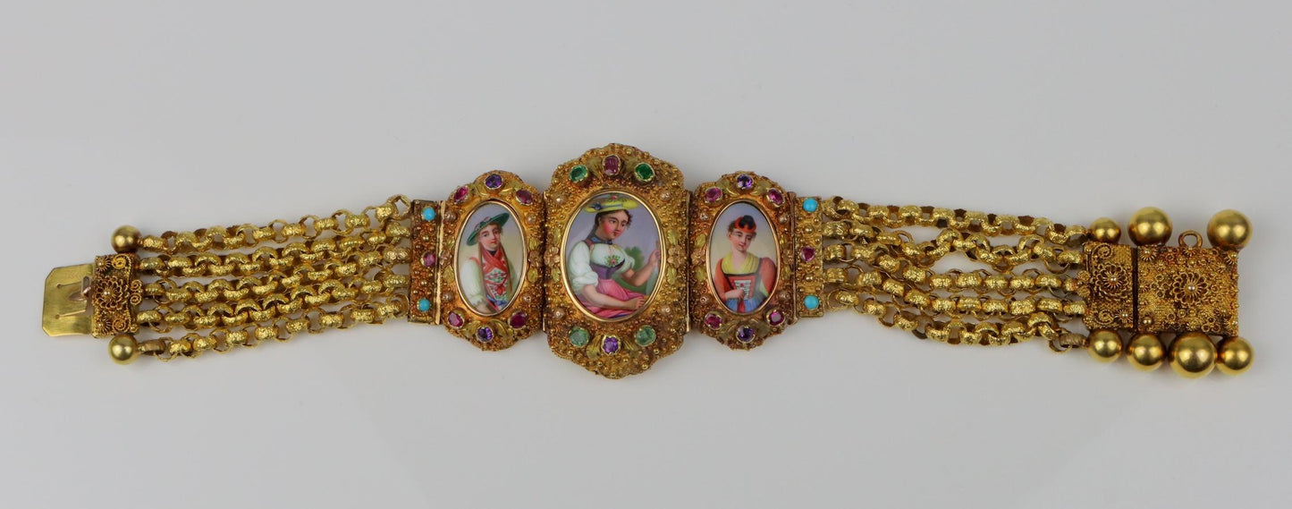 Antique Schvitz Berne Grisons 18K Gold Gem set Portrait Bracelet