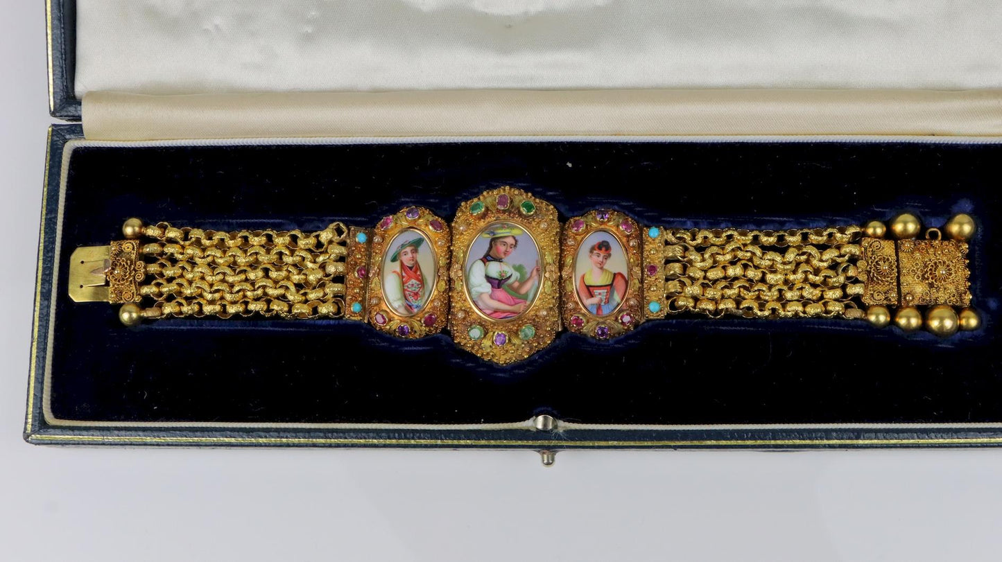 Antique Schvitz Berne Grisons 18K Gold Gem set Portrait Bracelet