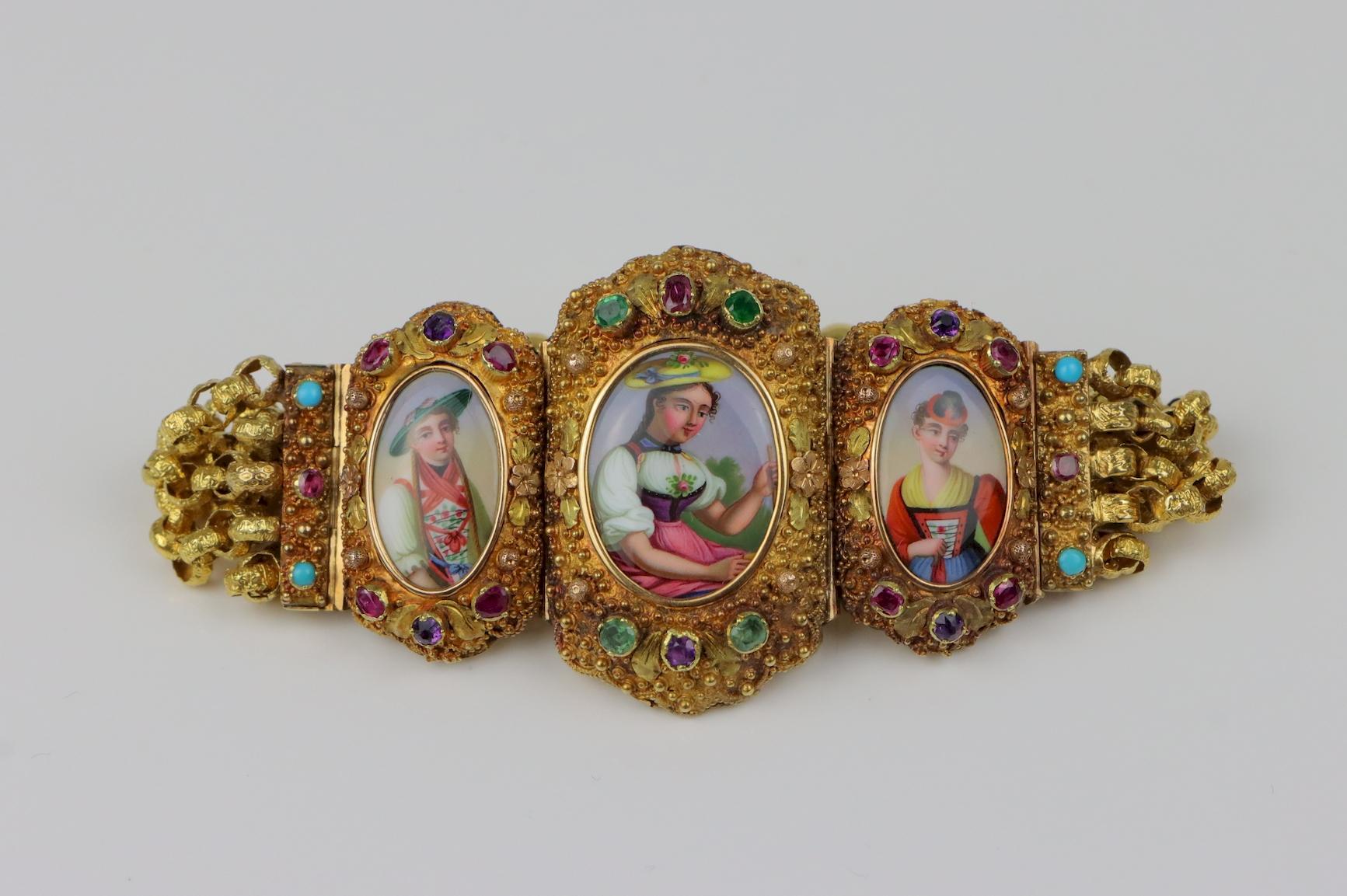 Antique Schvitz Berne Grisons 18K Gold Gem set Portrait Bracelet