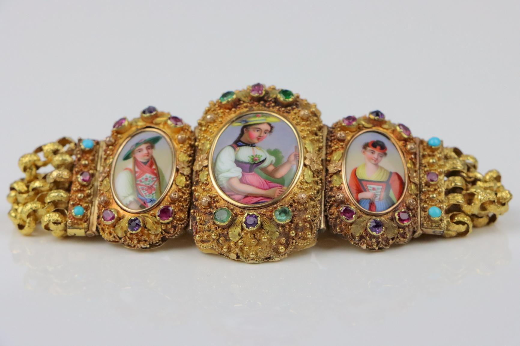 Antique Schvitz Berne Grisons 18K Gold Gem set Portrait Bracelet