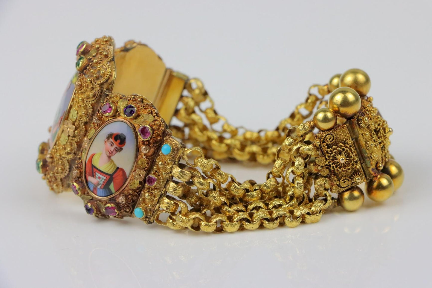 Antique Schvitz Berne Grisons 18K Gold Gem set Portrait Bracelet