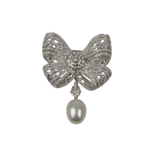 Vintage 18K White Gold Diamond Pearl Bow Tie Brooch Pin