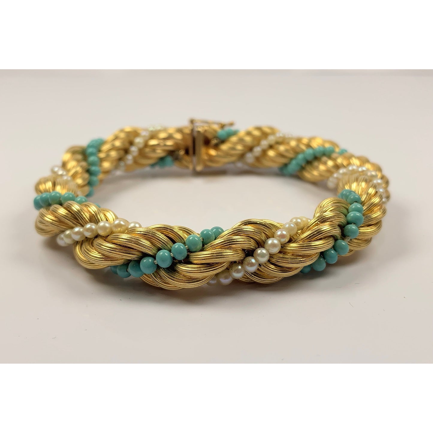 Stunning 18k Gold Turquoise & Pearl Bead Twist Bracelet