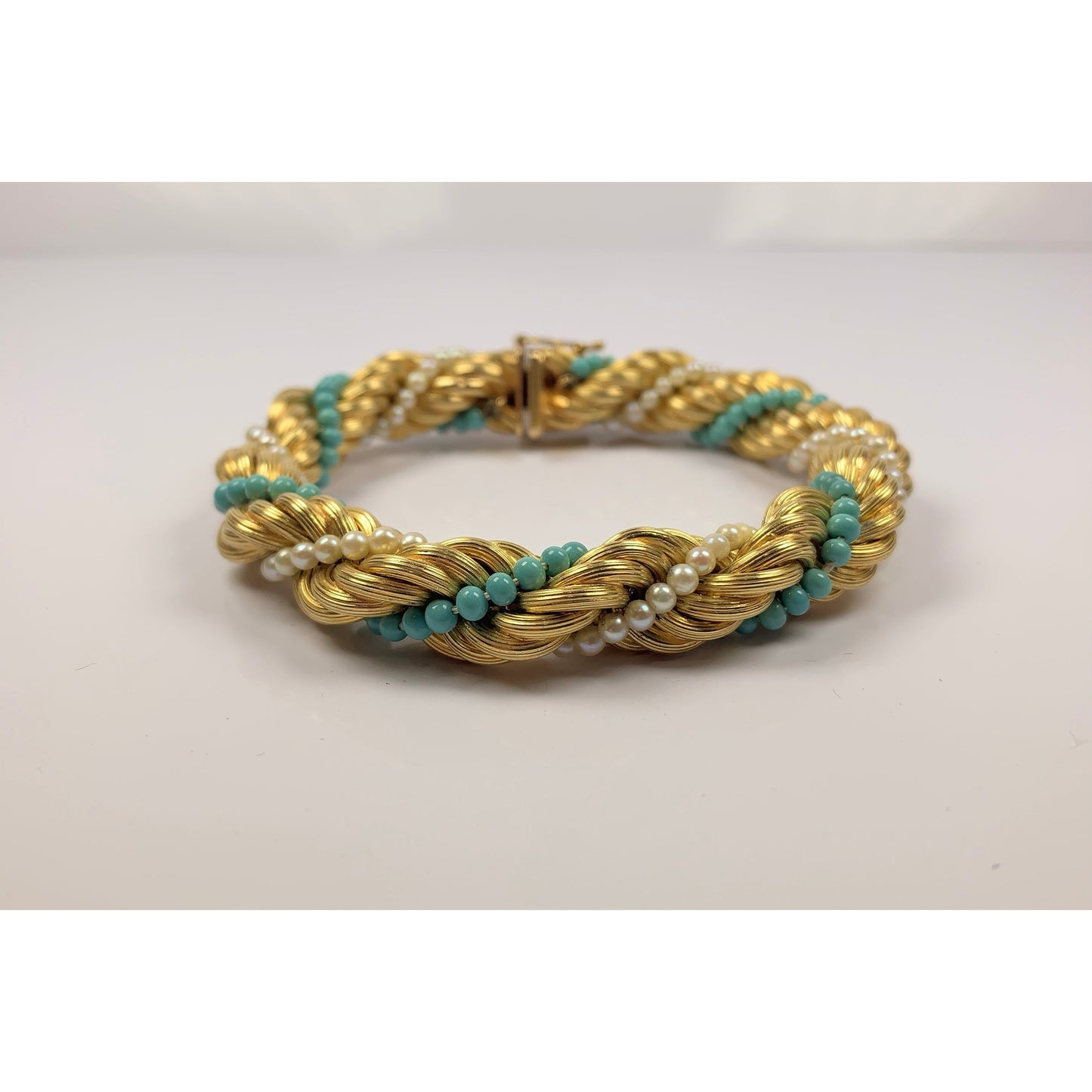 Stunning 18k Gold Turquoise & Pearl Bead Twist Bracelet