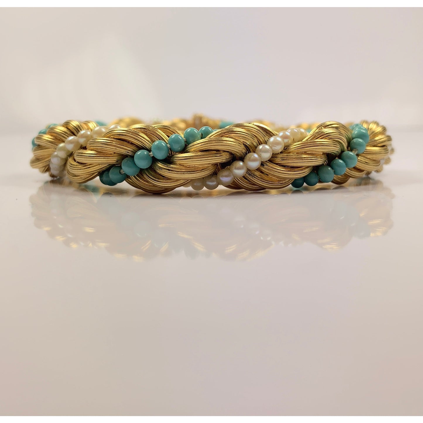 Stunning 18k Gold Turquoise & Pearl Bead Twist Bracelet