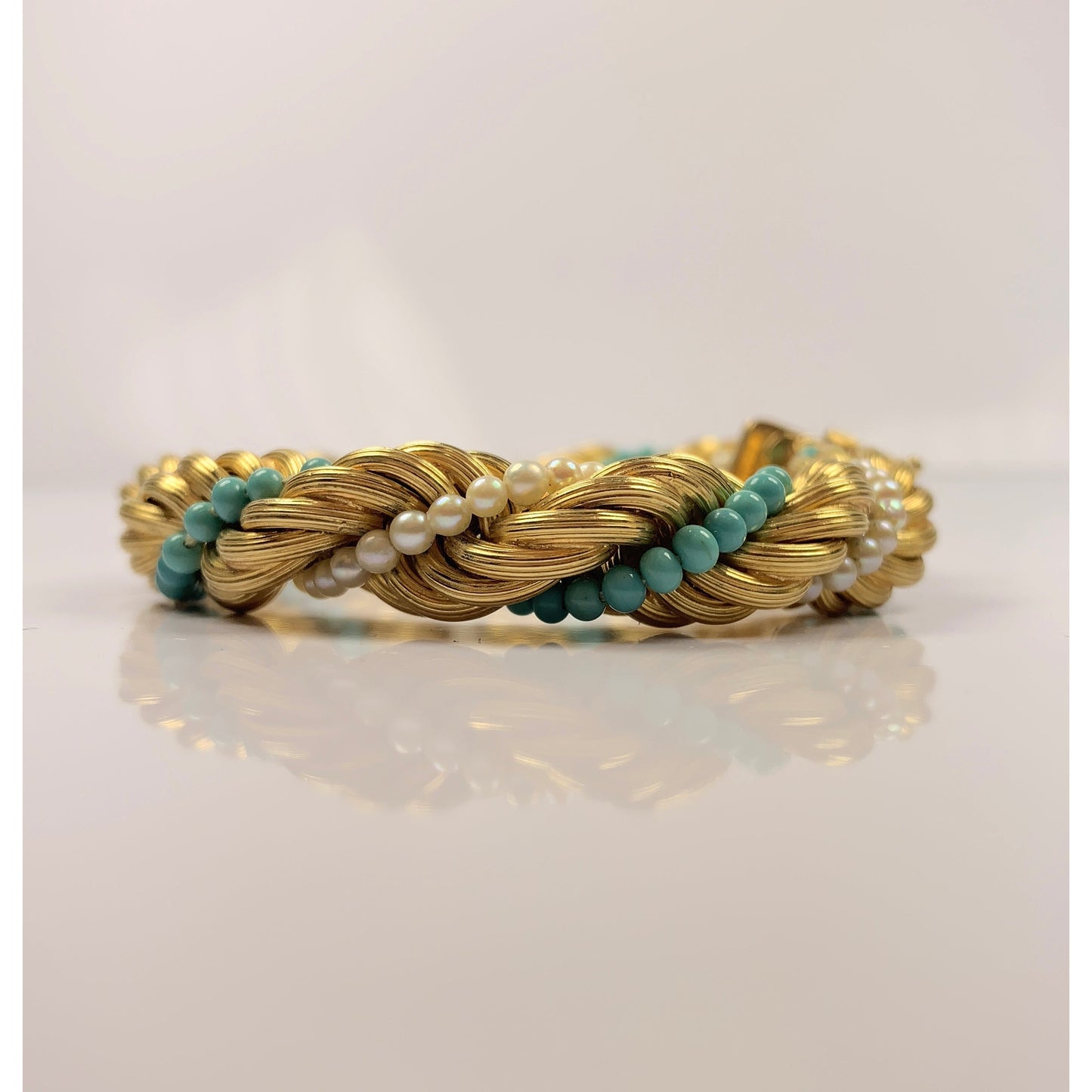 Stunning 18k Gold Turquoise & Pearl Bead Twist Bracelet