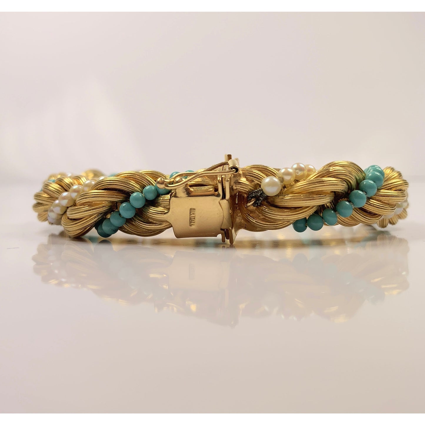 Stunning 18k Gold Turquoise & Pearl Bead Twist Bracelet