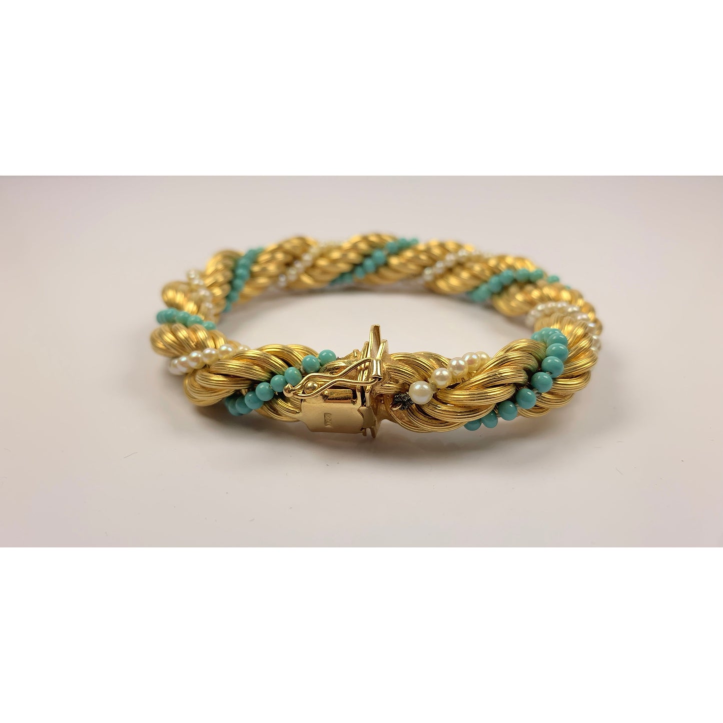 Stunning 18k Gold Turquoise & Pearl Bead Twist Bracelet