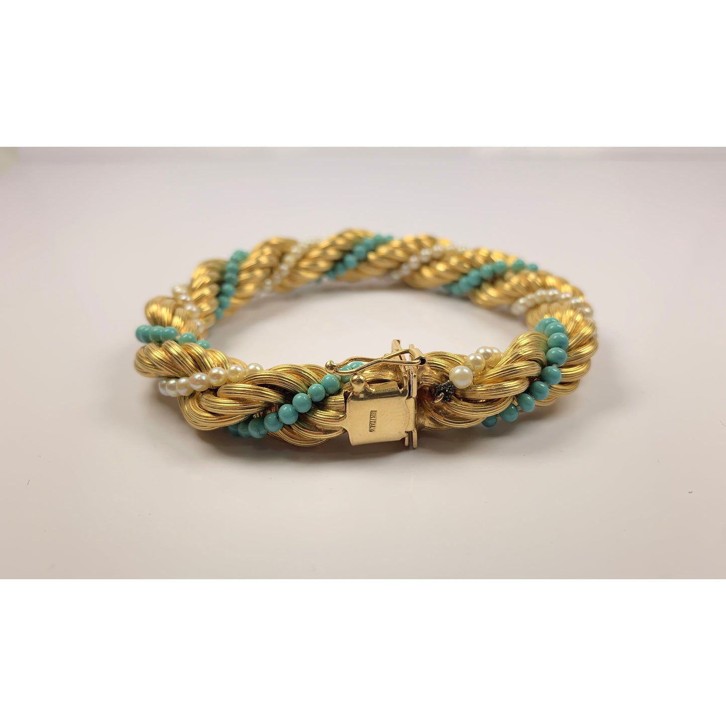 Stunning 18k Gold Turquoise & Pearl Bead Twist Bracelet