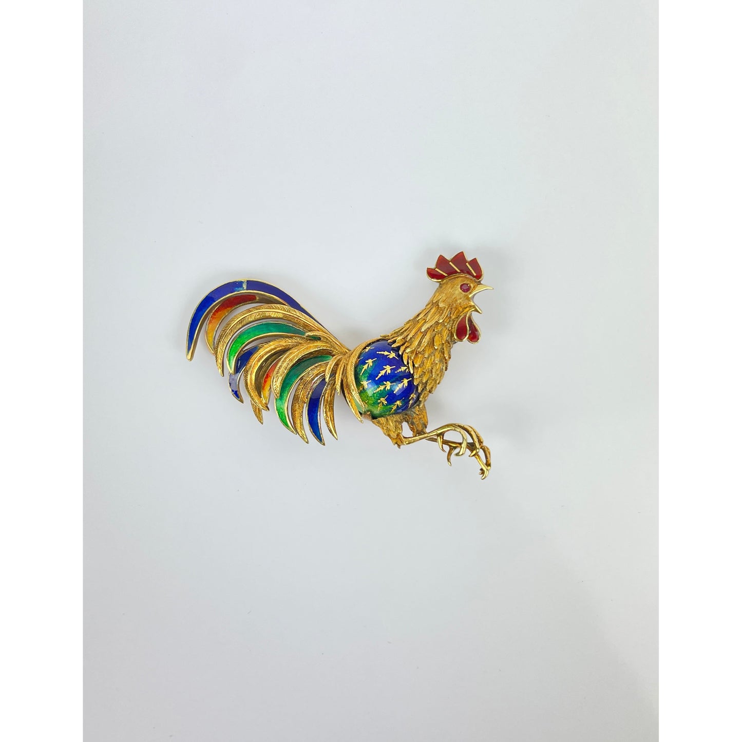 Vintage 18k Gold Enamel Ruby Rooster Brooch Pin