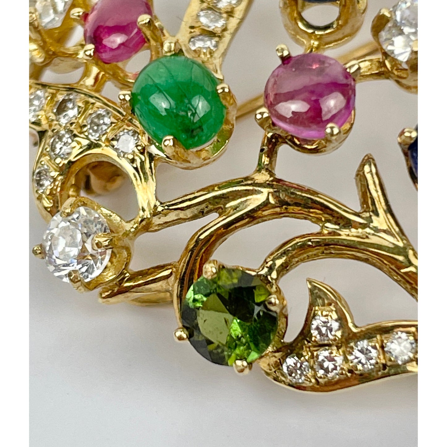 18k Gold Ruby Sapphire Emerald Diamond Peridot Brooch Pin