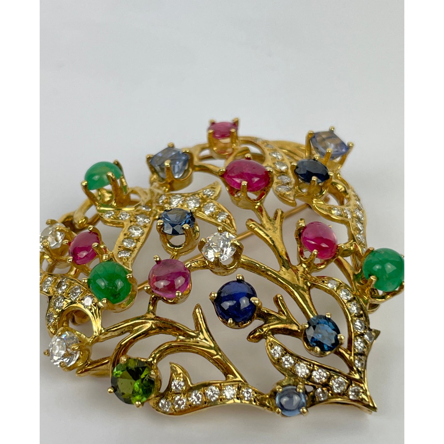 18k Gold Ruby Sapphire Emerald Diamond Peridot Brooch Pin