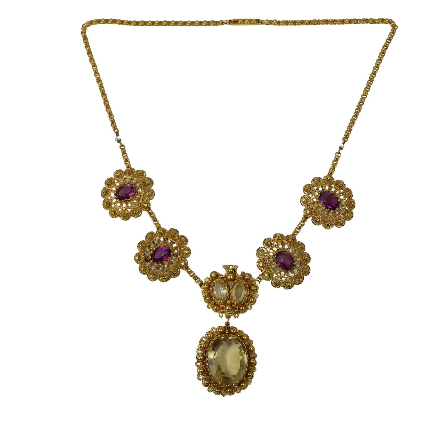 Antique 14K Gold Topaz Amethyst Necklace