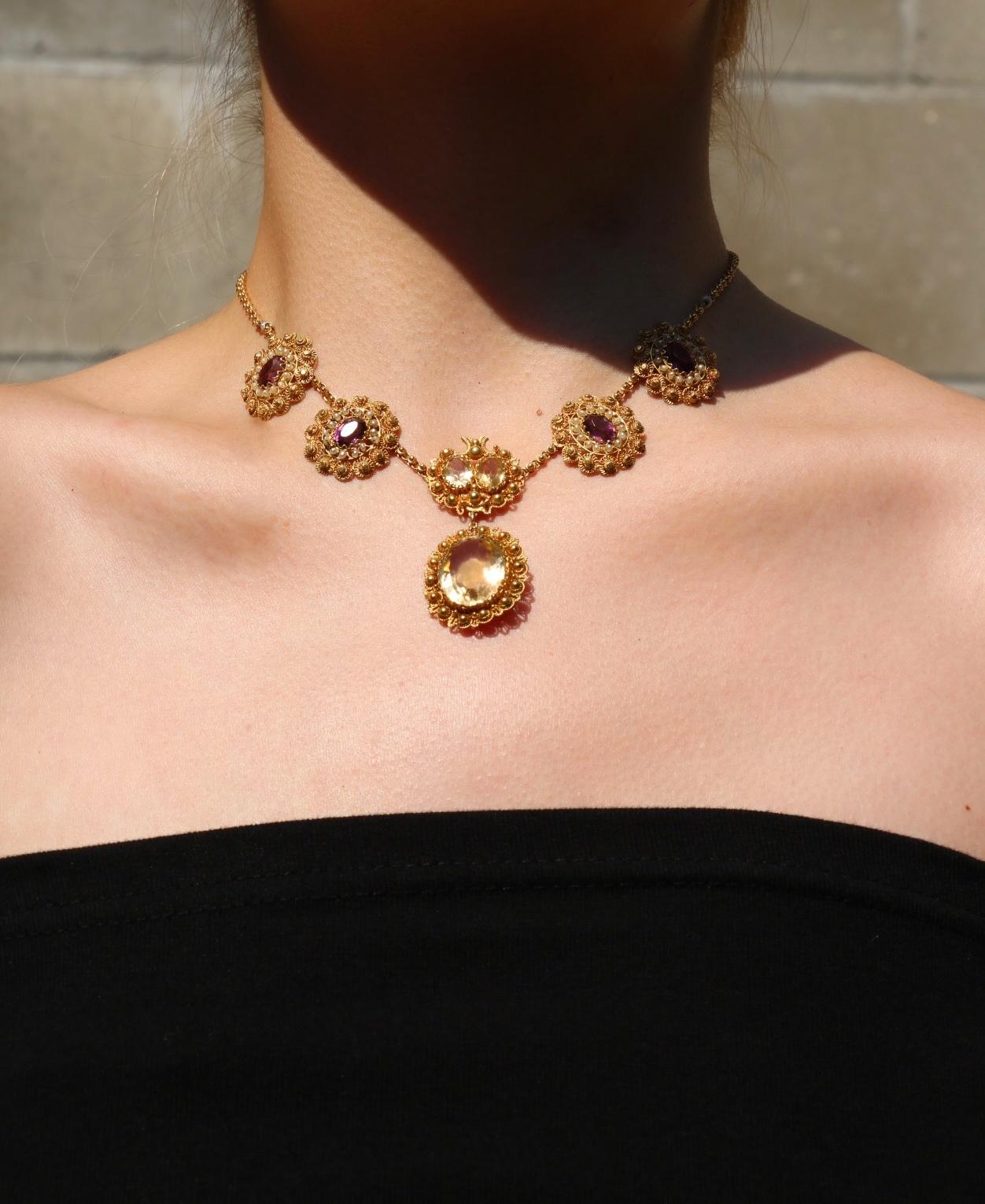 Antique 14K Gold Topaz Amethyst Necklace