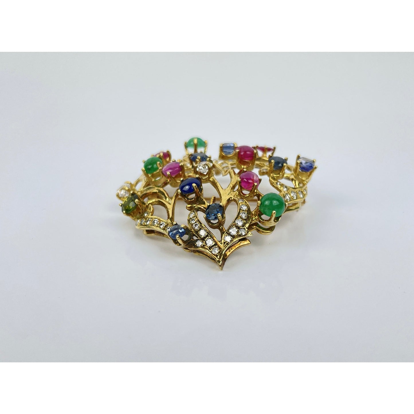 18k Gold Ruby Sapphire Emerald Diamond Peridot Brooch Pin