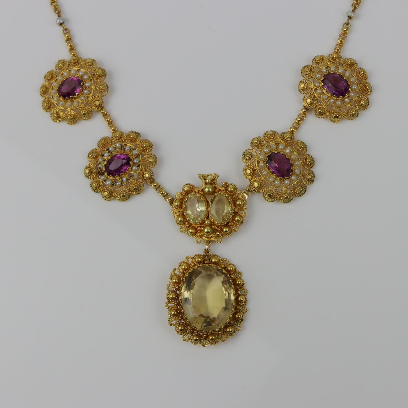 Antique 14K Gold Topaz Amethyst Necklace