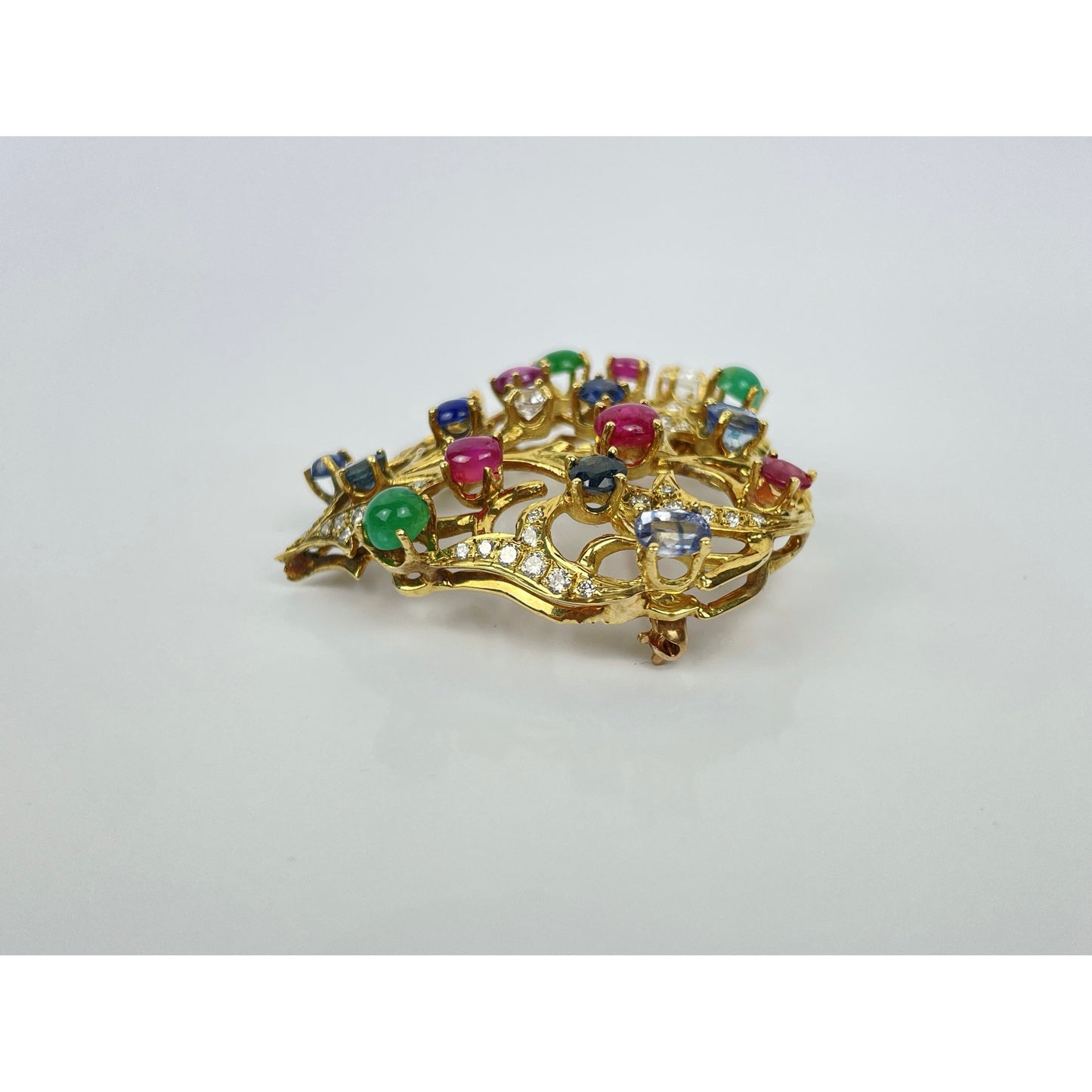 18k Gold Ruby Sapphire Emerald Diamond Peridot Brooch Pin