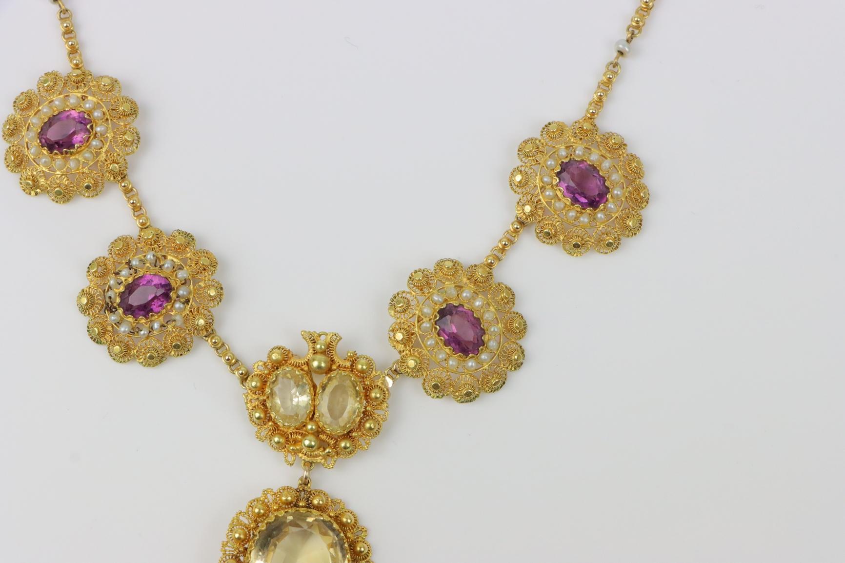 Antique 14K Gold Topaz Amethyst Necklace