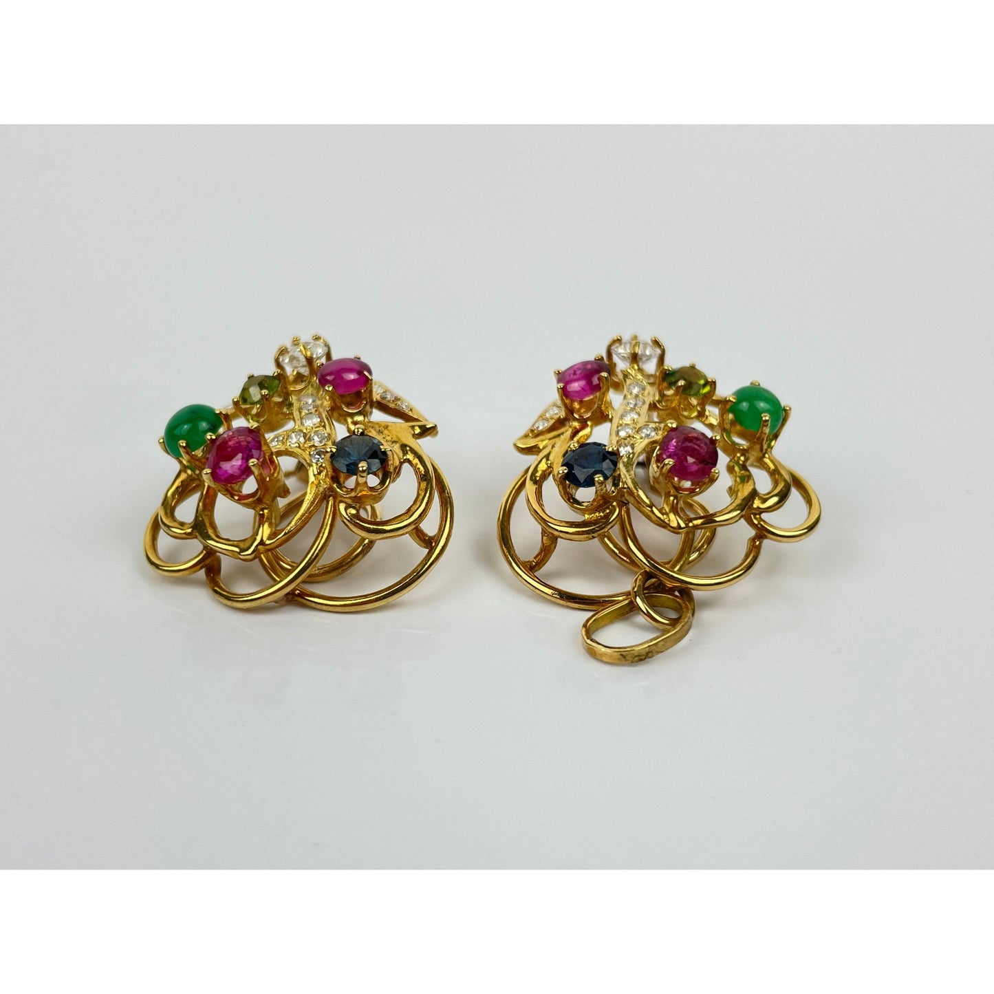 Pair of 18k Gold Ruby Sapphire Emerald Diamond Peridot Earrings