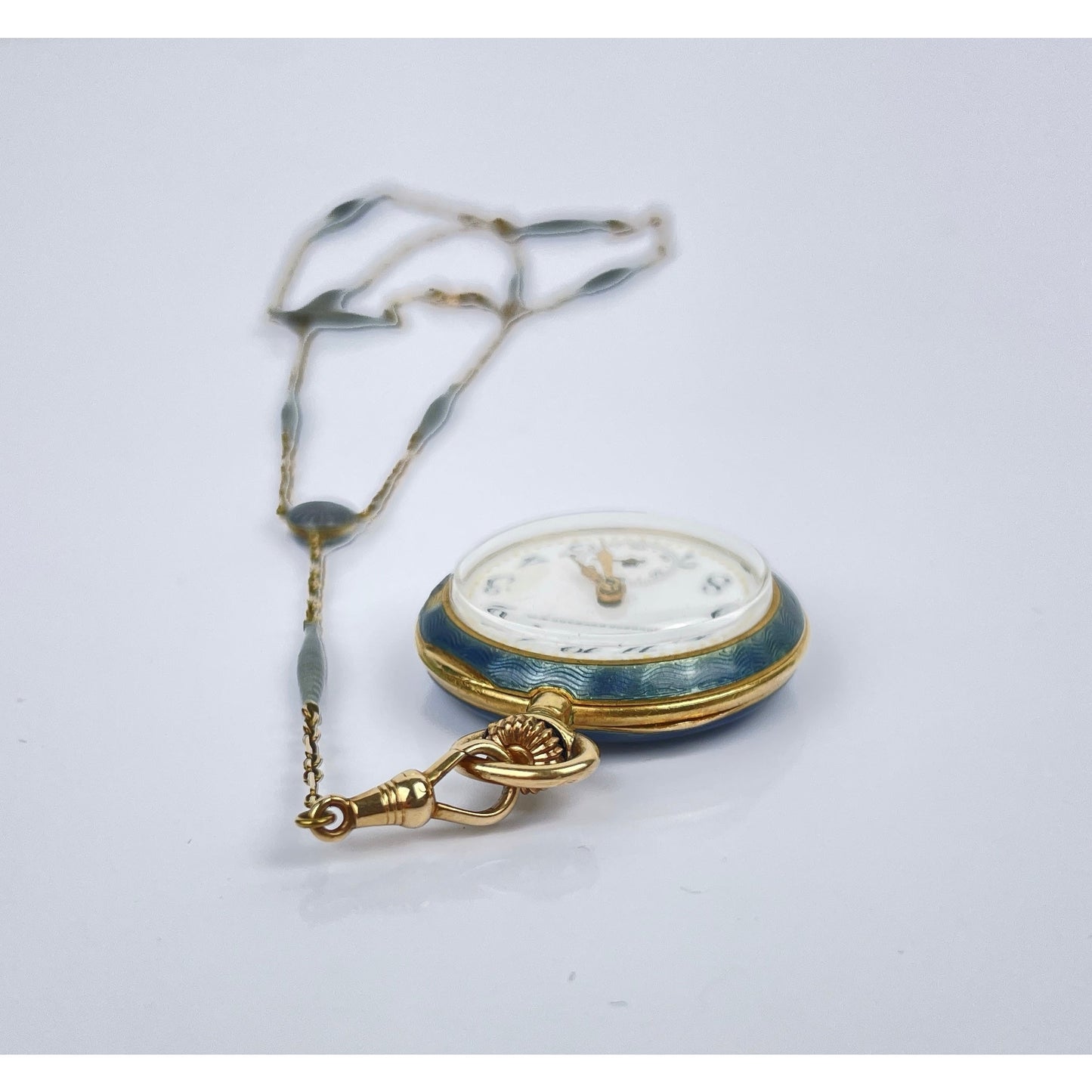 Edwardian 18k Gold Guilloche Enamel Pocket Watch Necklace