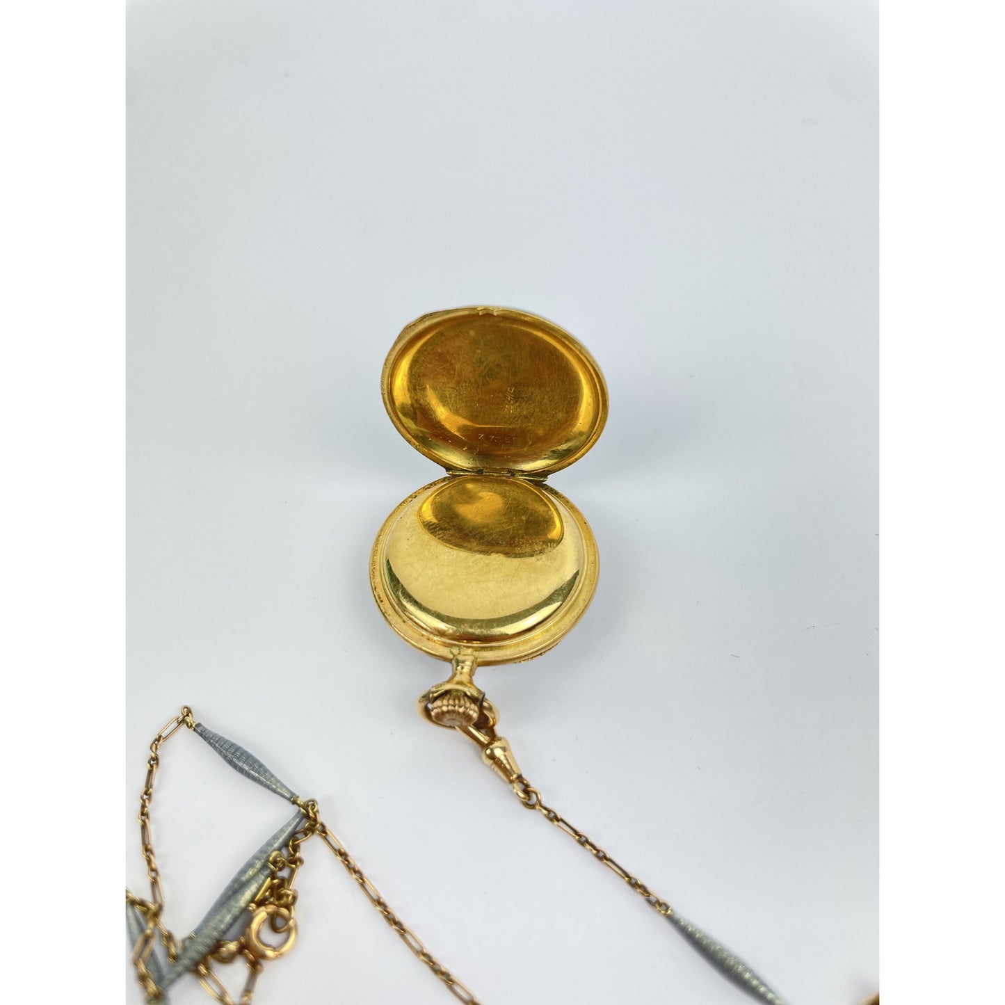 Edwardian 18k Gold Guilloche Enamel Pocket Watch Necklace