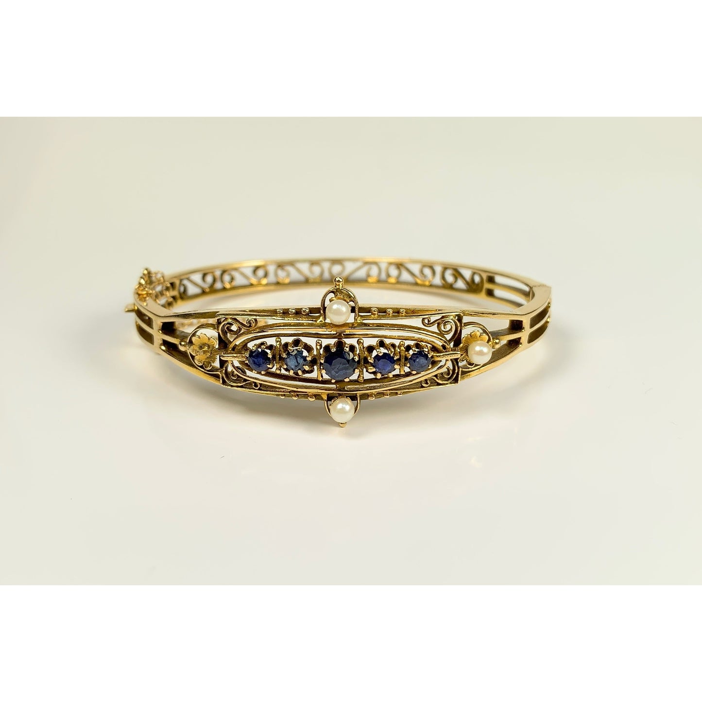 Vintage 14k Gold Sapphire & Pearl Cuff Bracelet