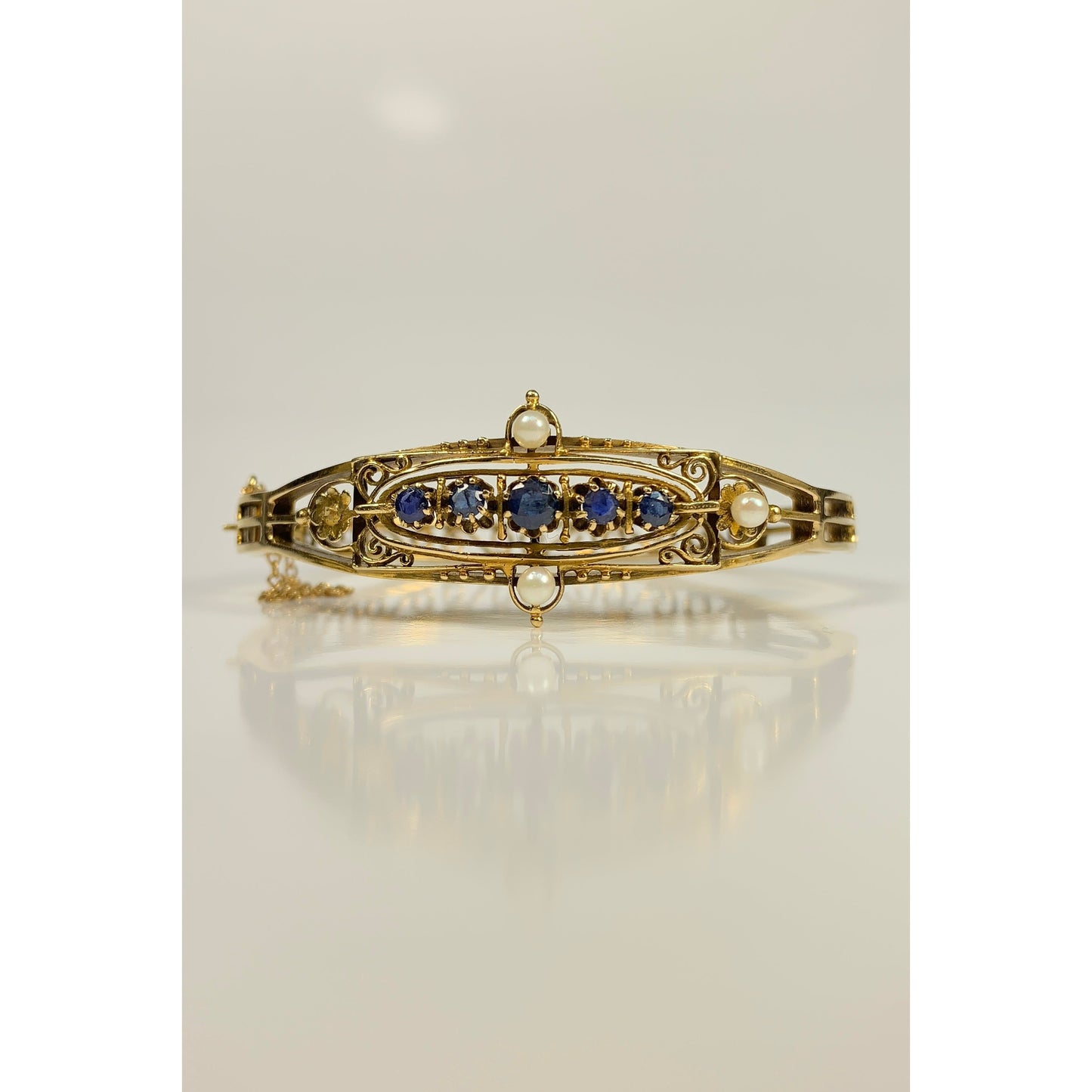 Vintage 14k Gold Sapphire & Pearl Cuff Bracelet