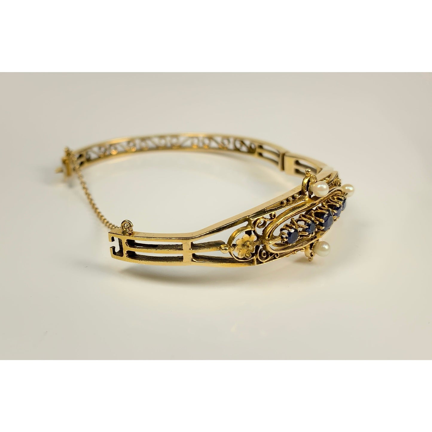 Vintage 14k Gold Sapphire & Pearl Cuff Bracelet