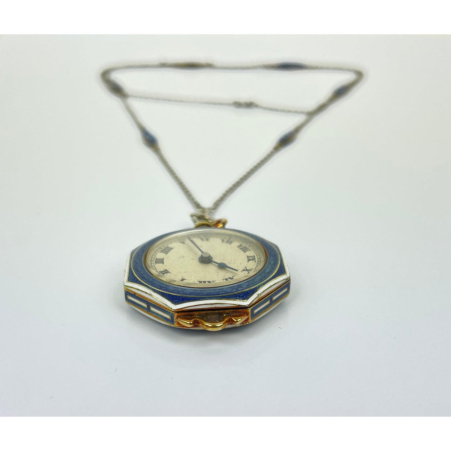 Edwardian 14k Gold Guilloche Enamel Pocket Watch Necklace