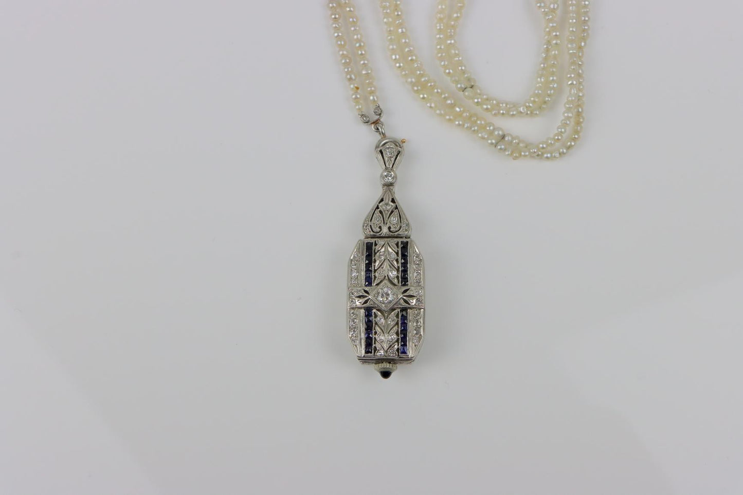 Art Deco GIA Certified Natural Salt Water Pearl Necklace Diamond Watch Pendant