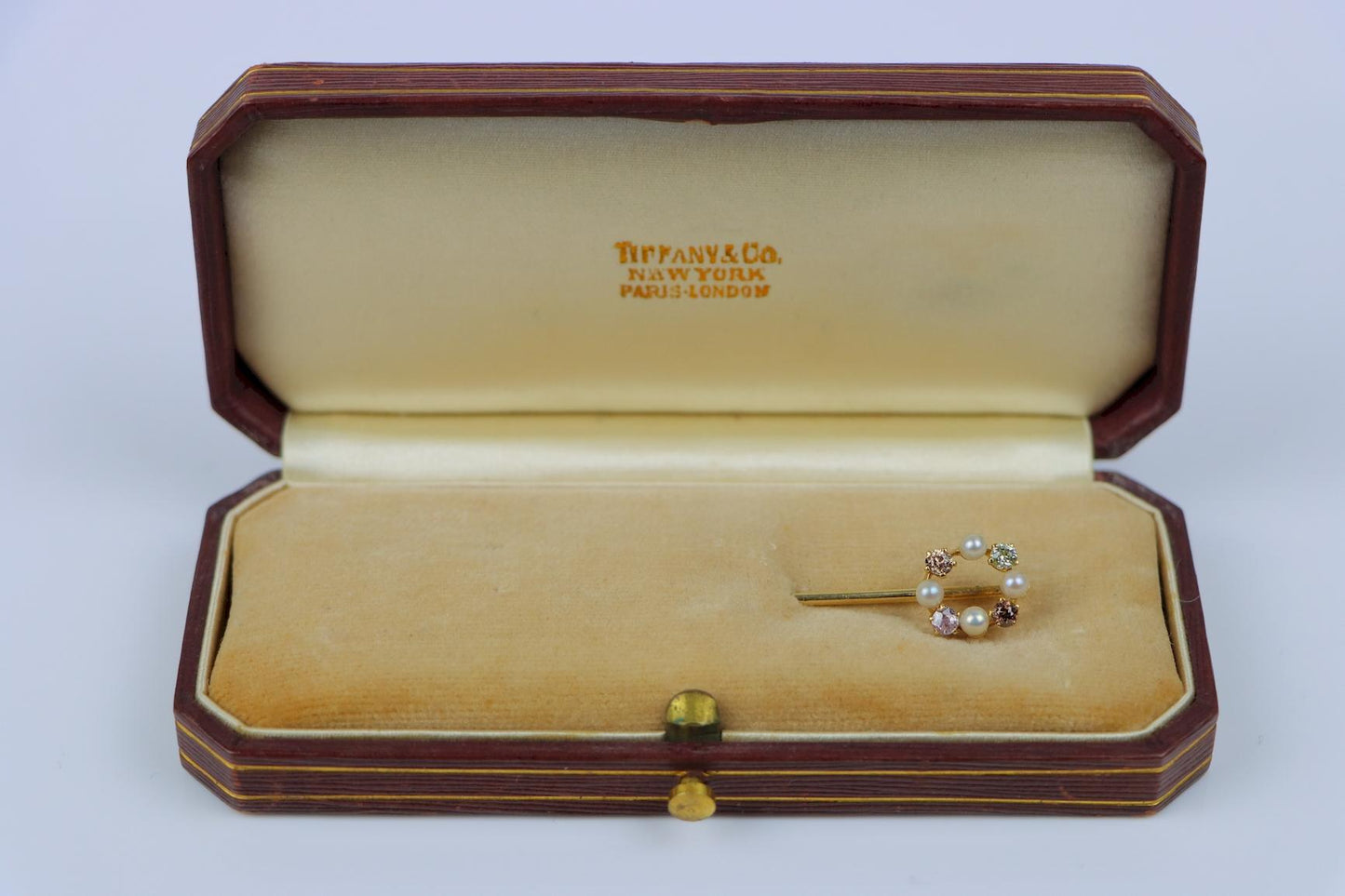 Antique Tiffany & Co 14K Gold GIA Certified Fancy Pink Diamond Pearl Stick Pin