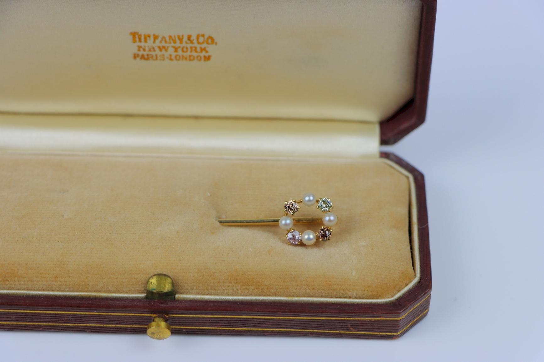 Antique Tiffany & Co 14K Gold GIA Certified Fancy Pink Diamond Pearl Stick Pin