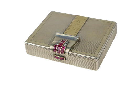 Retro Tiffany & Co. 14k Gold and Silver Ruby Compact Powder Case