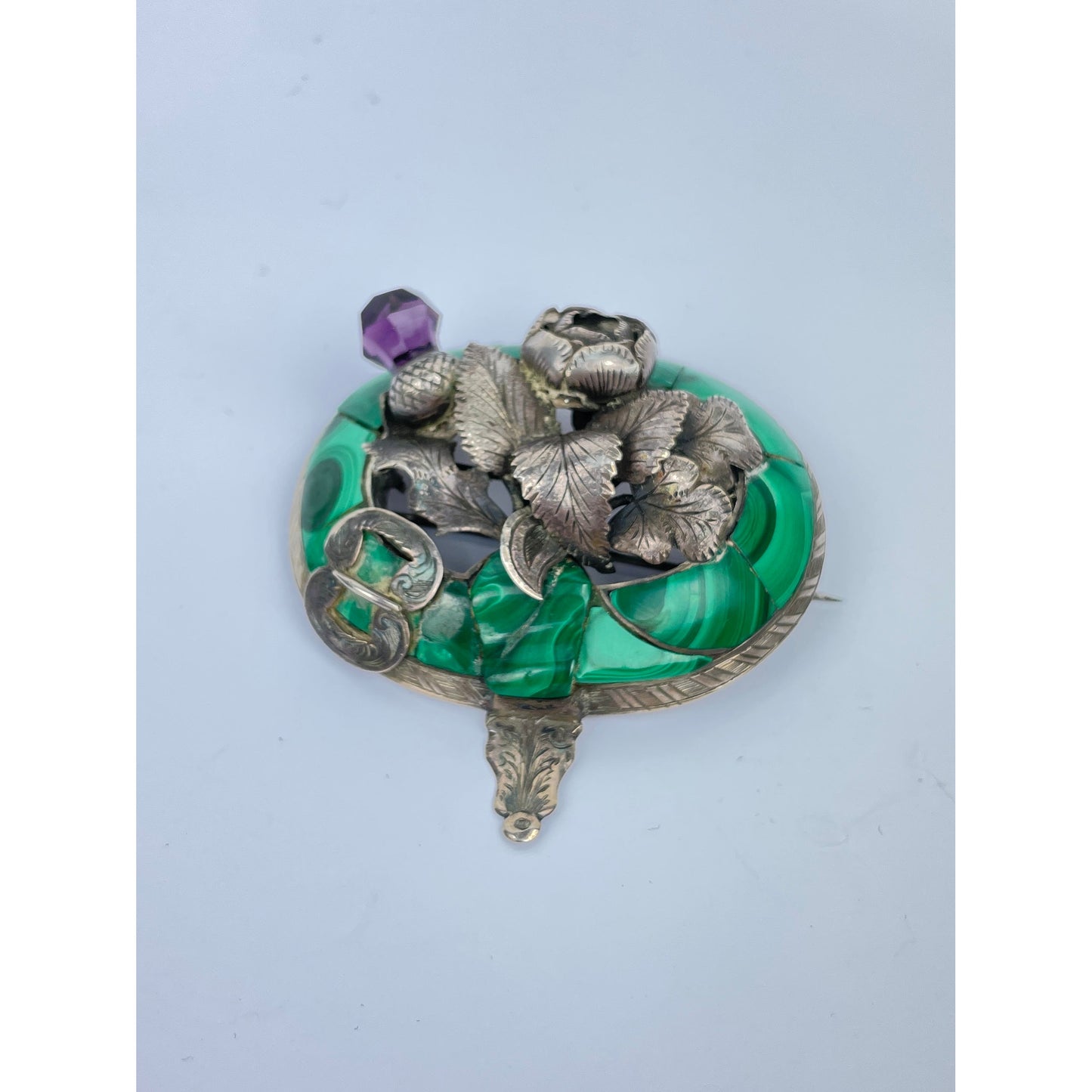 Sterling Silver Malachite Amethyst Brooch Pin