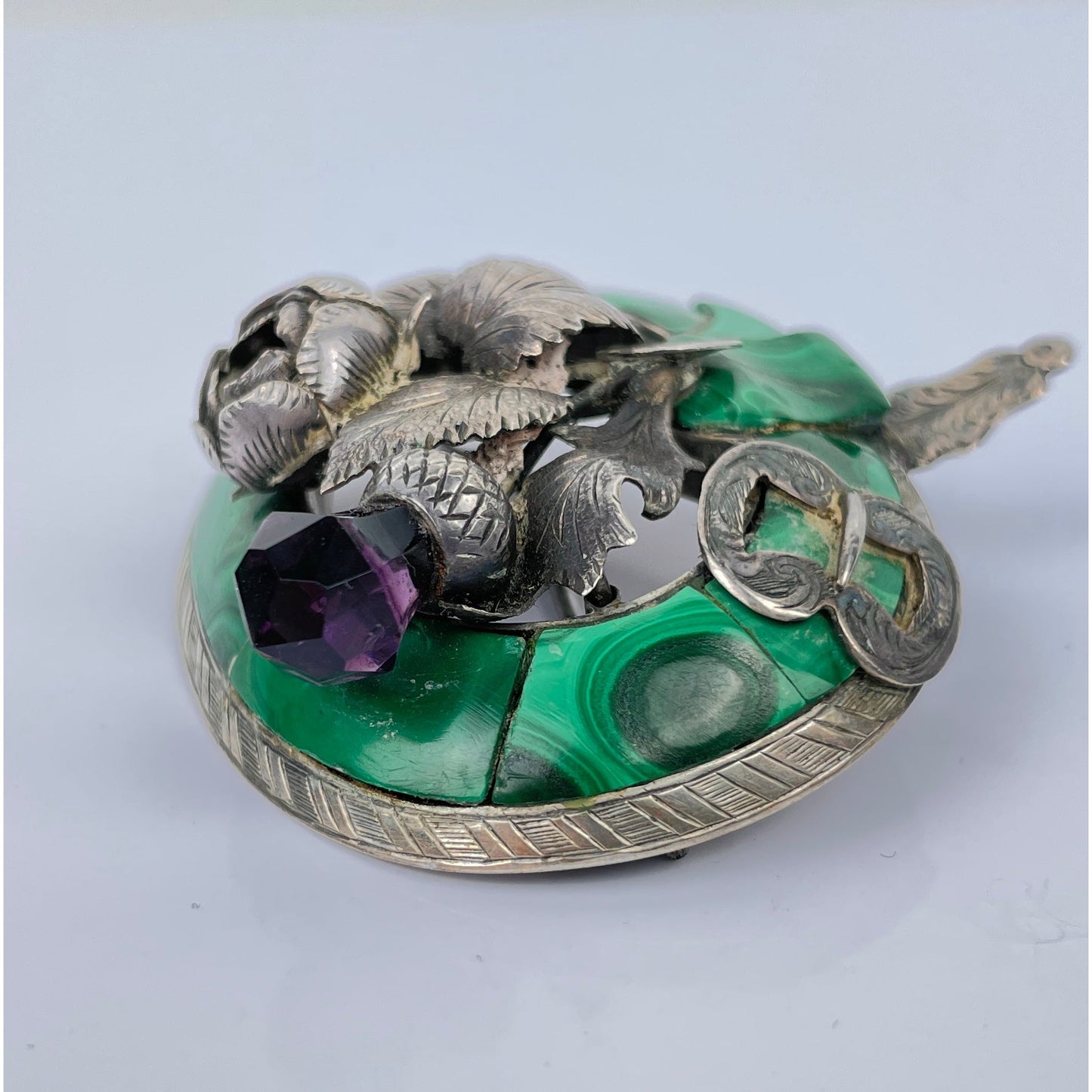 Sterling Silver Malachite Amethyst Brooch Pin