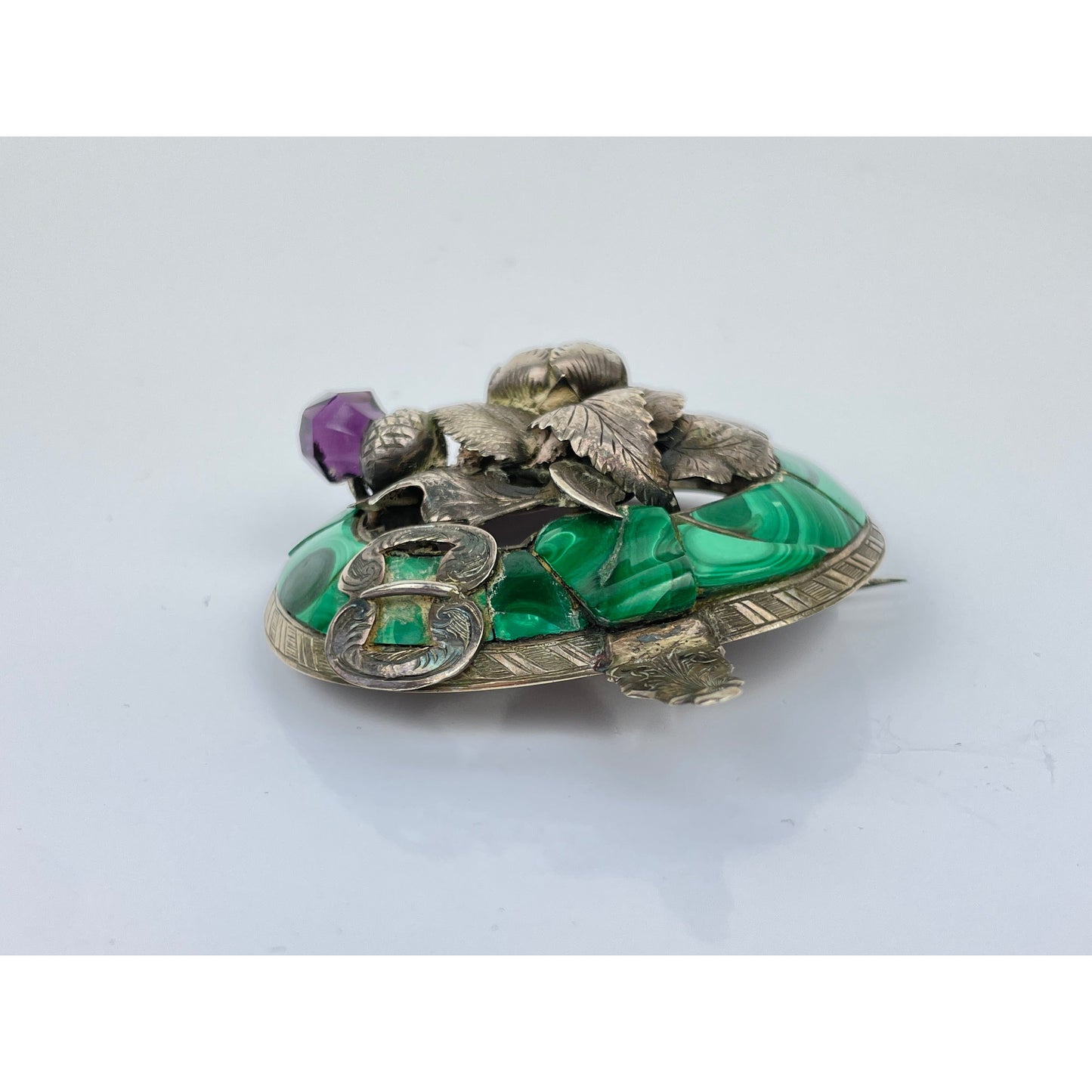 Sterling Silver Malachite Amethyst Brooch Pin