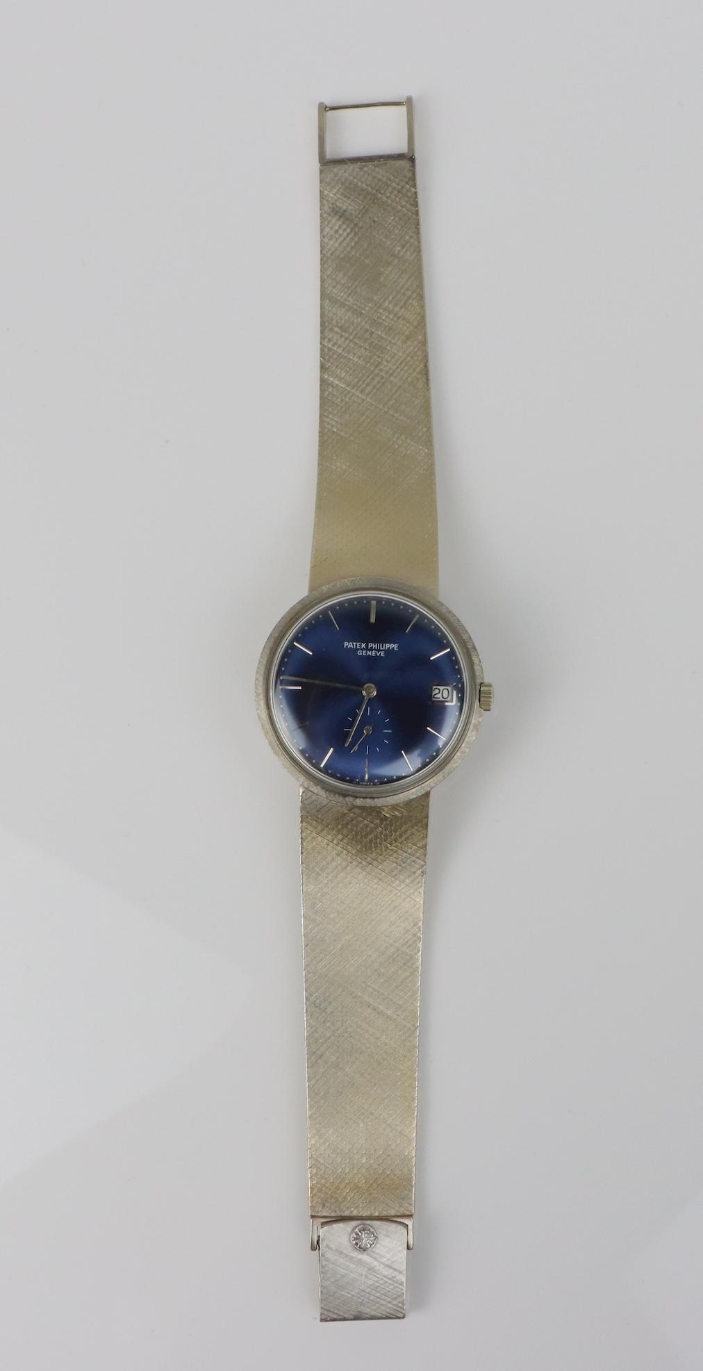 Rare Patek Philippe 18K White Gold Blue Dial Mesh Bracelet Watch CALATRAVA 3445