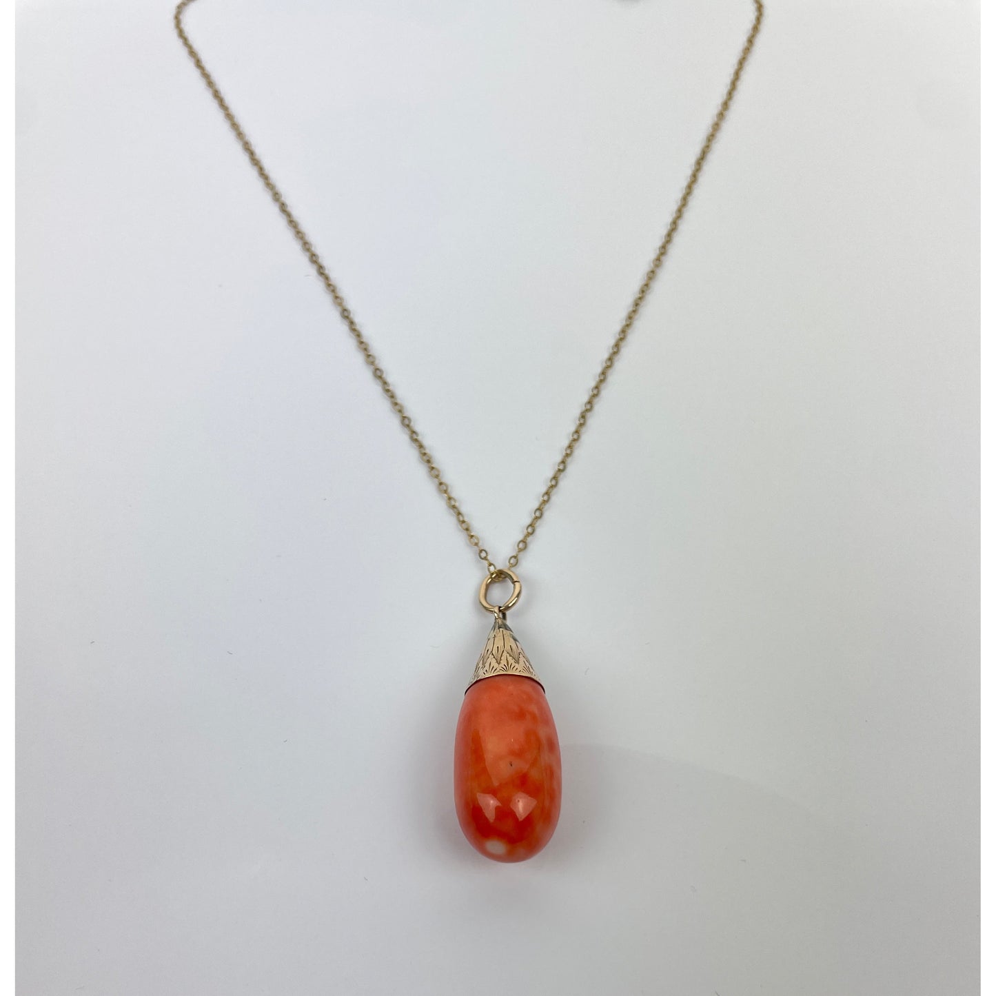 Victorian 14k Gold Coral Drop Pendant Necklace