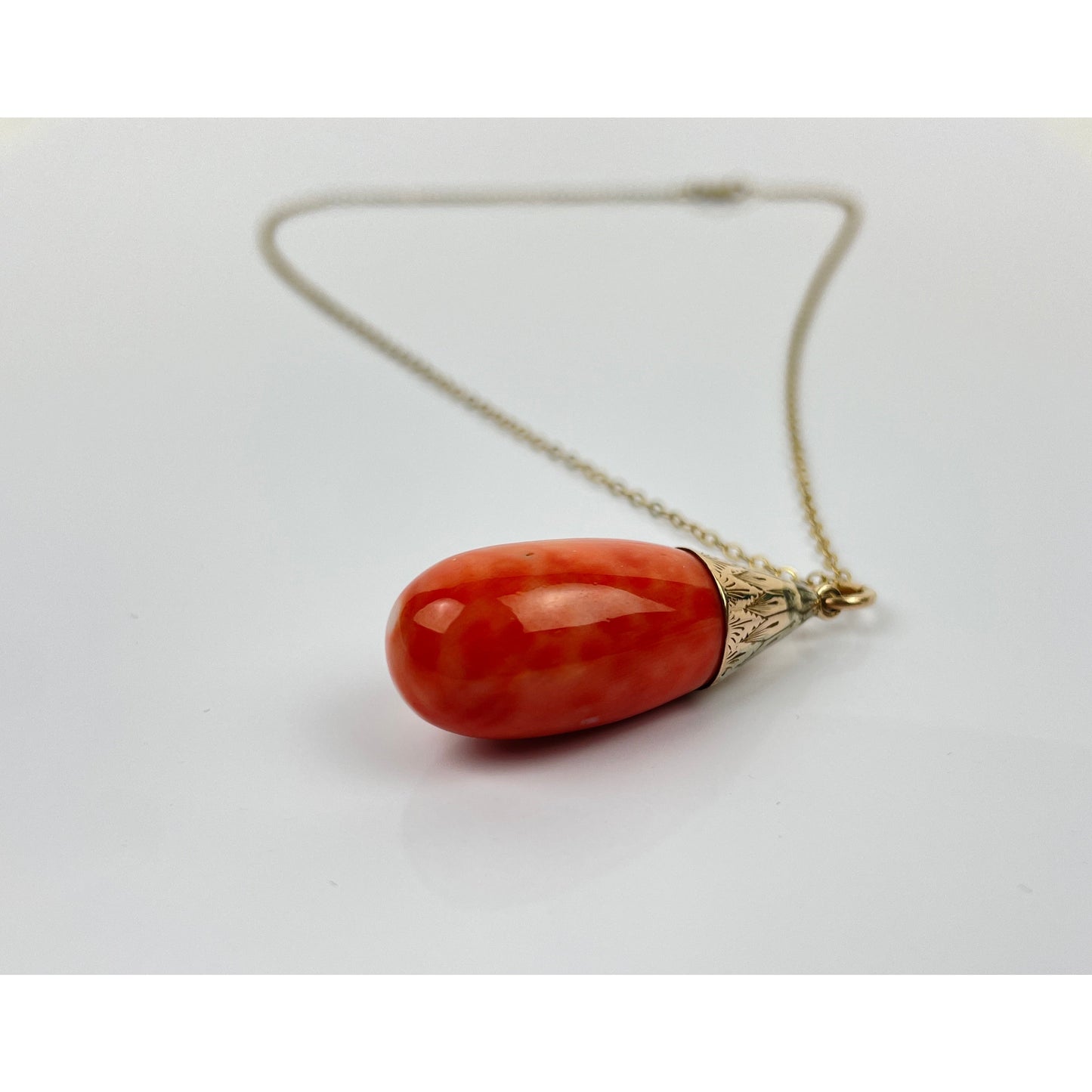 Victorian 14k Gold Coral Drop Pendant Necklace