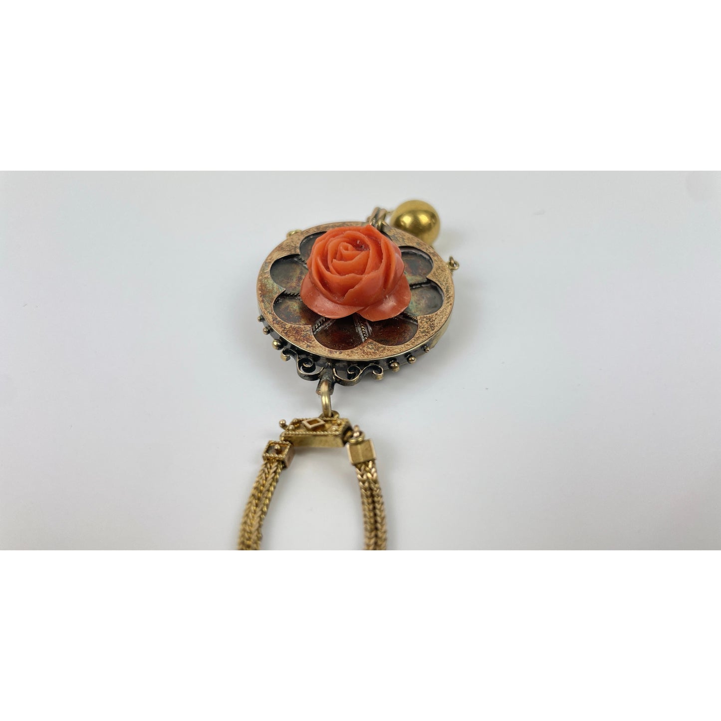 Victorian 14k Gold Coral Carved Flower Necklace