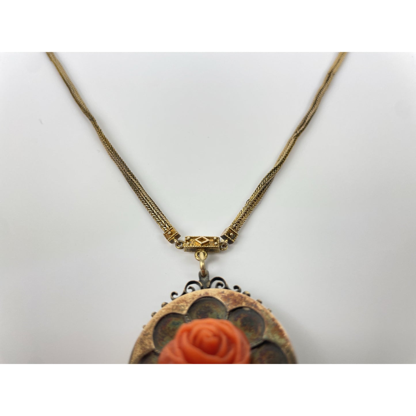 Victorian 14k Gold Coral Carved Flower Necklace