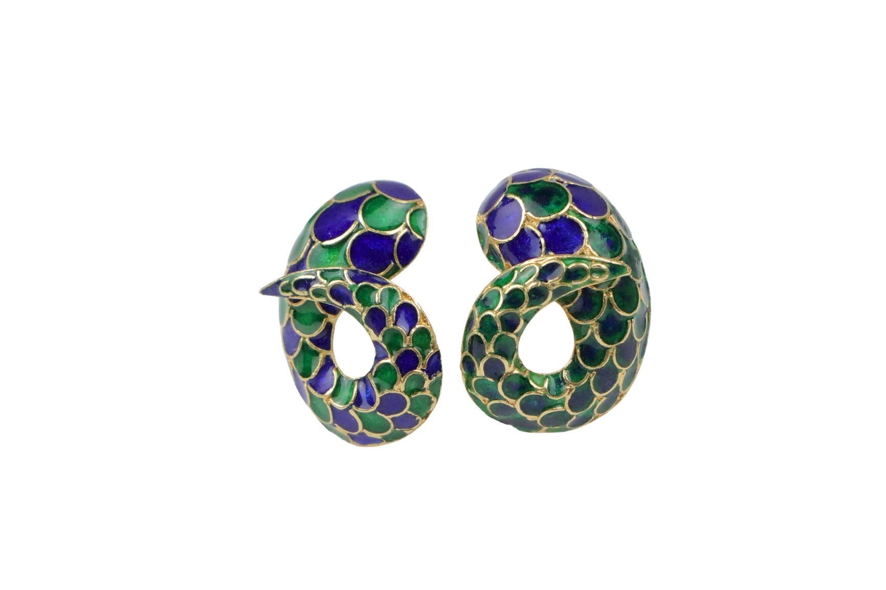 Vintage Enamel 18K Gold Snake Earrings Attrib. Lalaounis