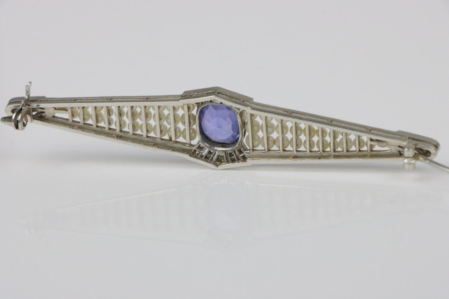 Art Deco Platinum Pearl & Ceylon Unheated Sapphire Brooch Pin AGL Certified