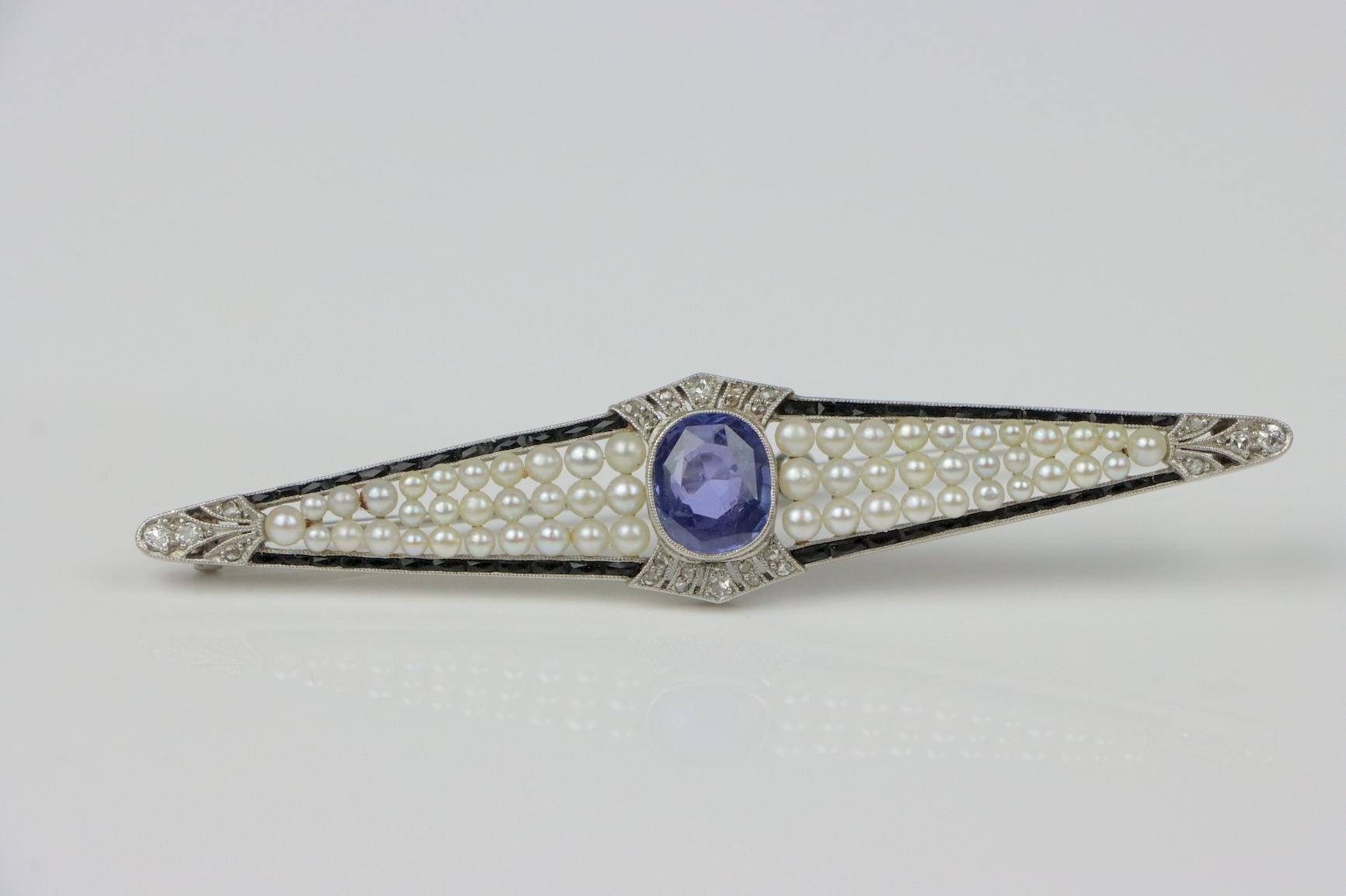 Art Deco Platinum Pearl & Ceylon Unheated Sapphire Brooch Pin AGL Certified