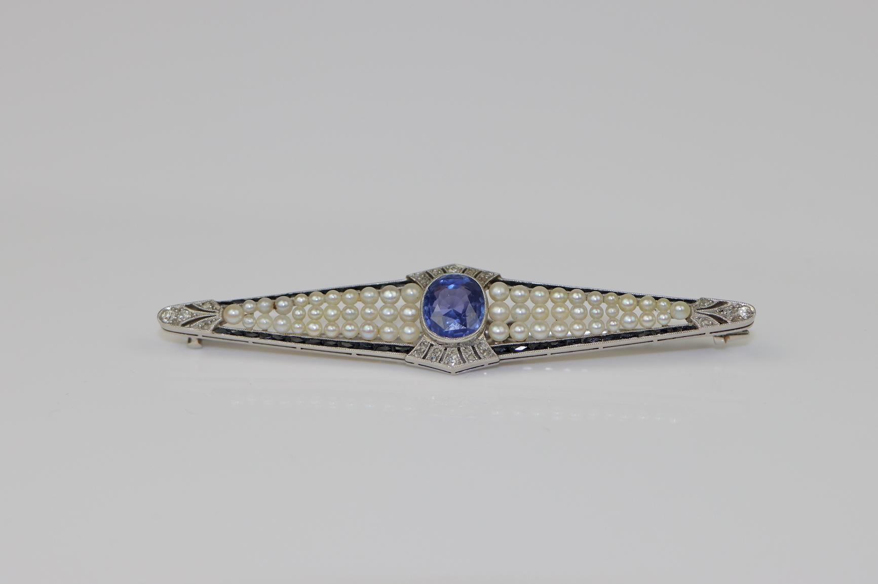 Art Deco Platinum Pearl & Ceylon Unheated Sapphire Brooch Pin AGL Certified