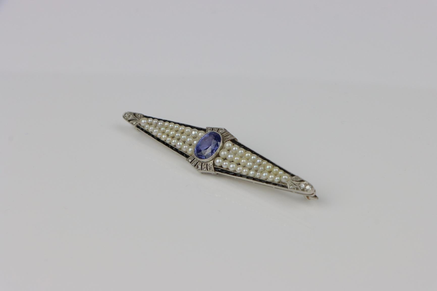 Art Deco Platinum Pearl & Ceylon Unheated Sapphire Brooch Pin AGL Certified